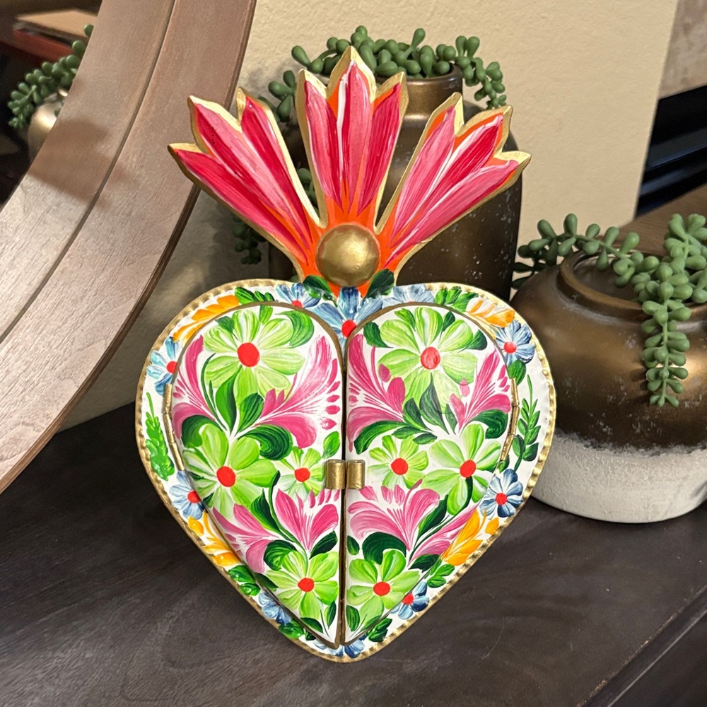 Hand-Painted Decorative Heart Mirror Floral Folk Art